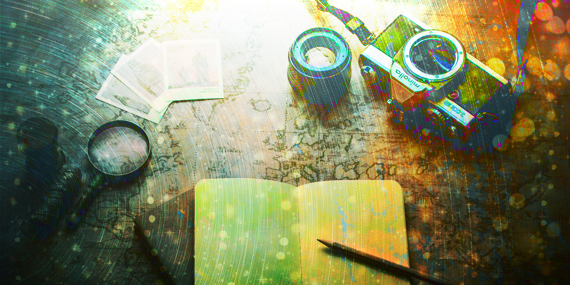 Brand Building through Archetypes blog banner of old map, camera and notebook.